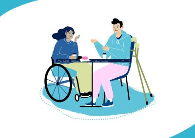 Piirroskuva keskustelevasta parista pöydän ääressä.