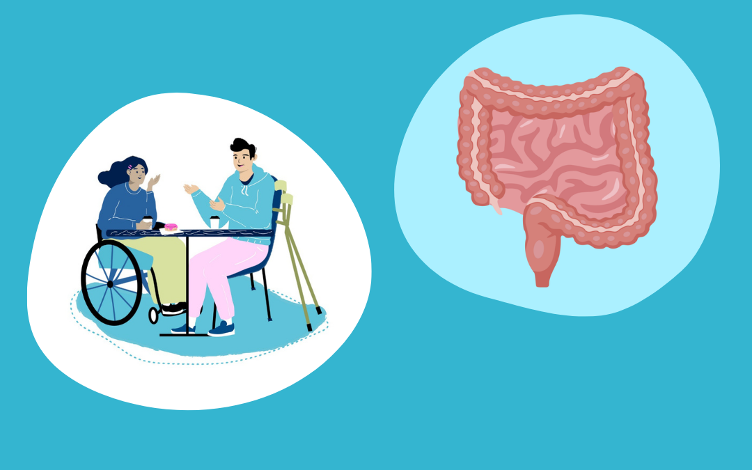 Kuvituskuva, jossa kaksi henkilöä keskustelee pöydän ääressä. Toinen istuu pyörätuolissa ja toisella on kainalosauvat. Vieressä on havainnollistava piirros suolistosta. Taustalla on sinisiä aaltoilevia muotoja. Kuvitus viittaa vertaistukeen ja suoliston toimintaan tai terveyteen.
